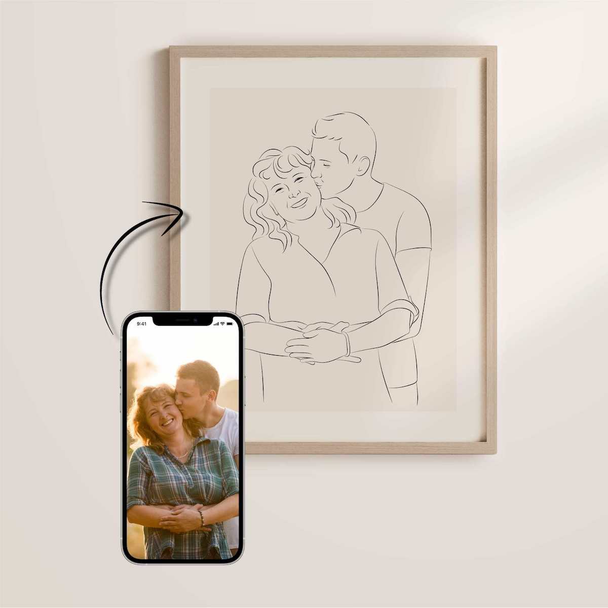 Äiti ja poika piirretty Line Art -tyylillä äitienpäivälahjaksi