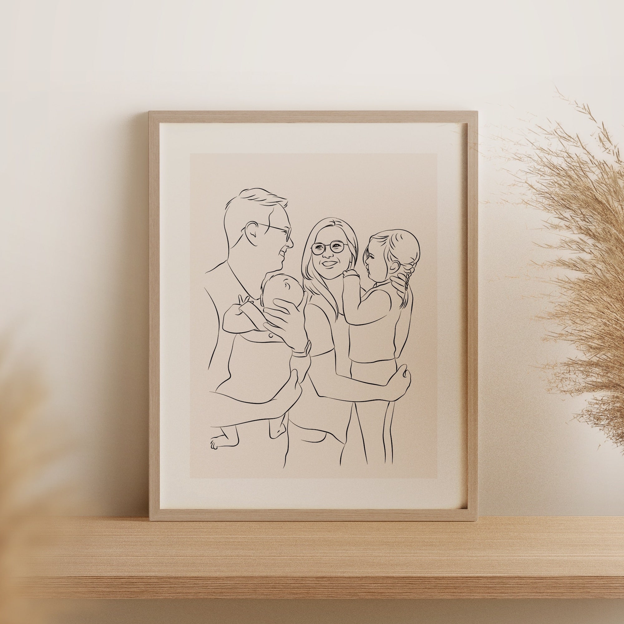 Nuori perhe kahdella lapsella, piirretty Line Art -tyylillä