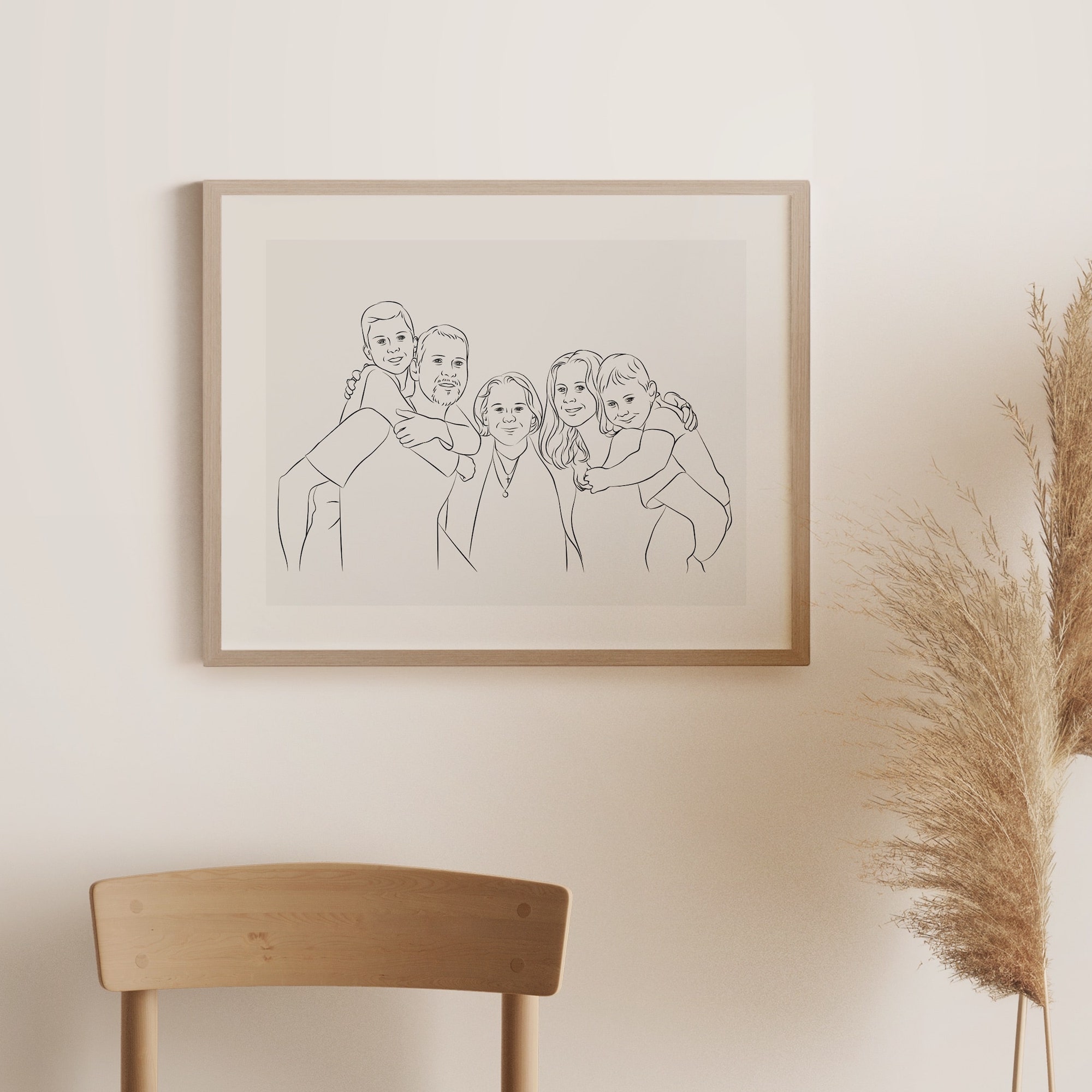 Piirretty perhekuva Line Art -tyylillä isoäiti keskellä kuvaa