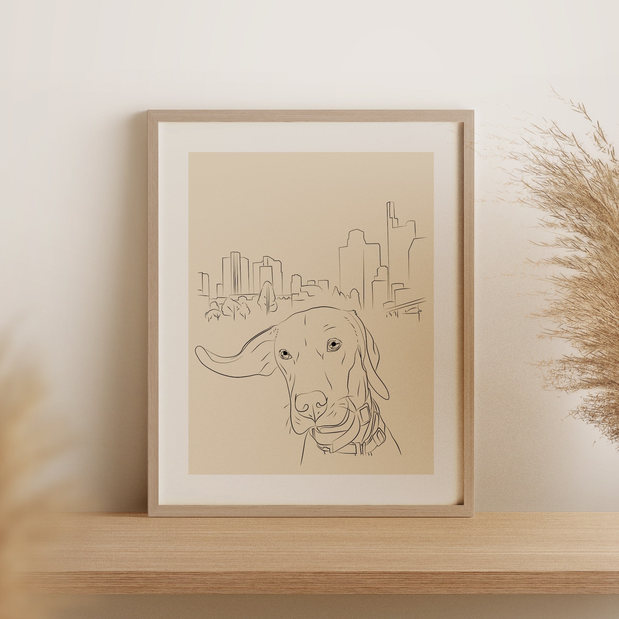 Line Art -piirros koirasta ja Frankfurtin horisontista