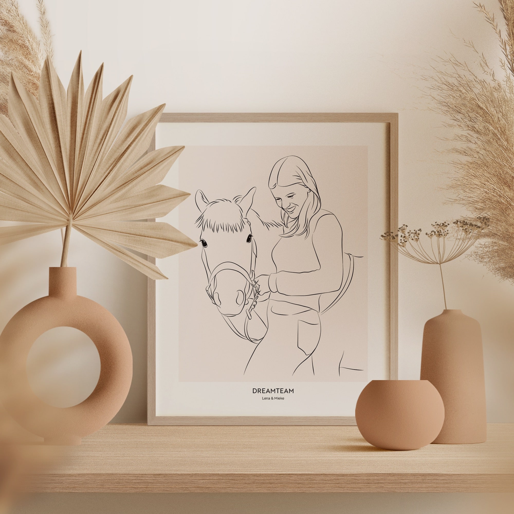 Line Art -piirros hevosesta nuoren naisen vieressä