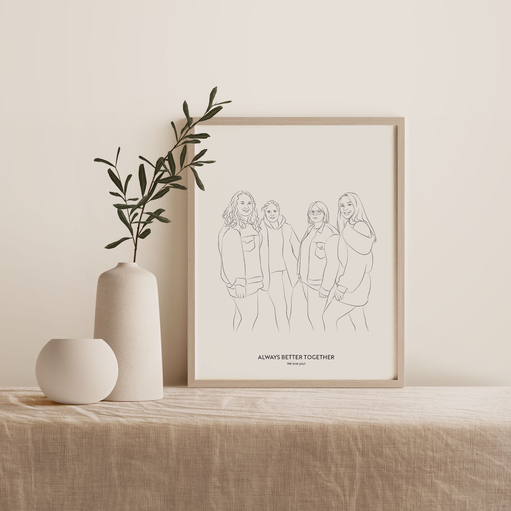 Line Art -kuvitus neljän ystävän ryhmästä