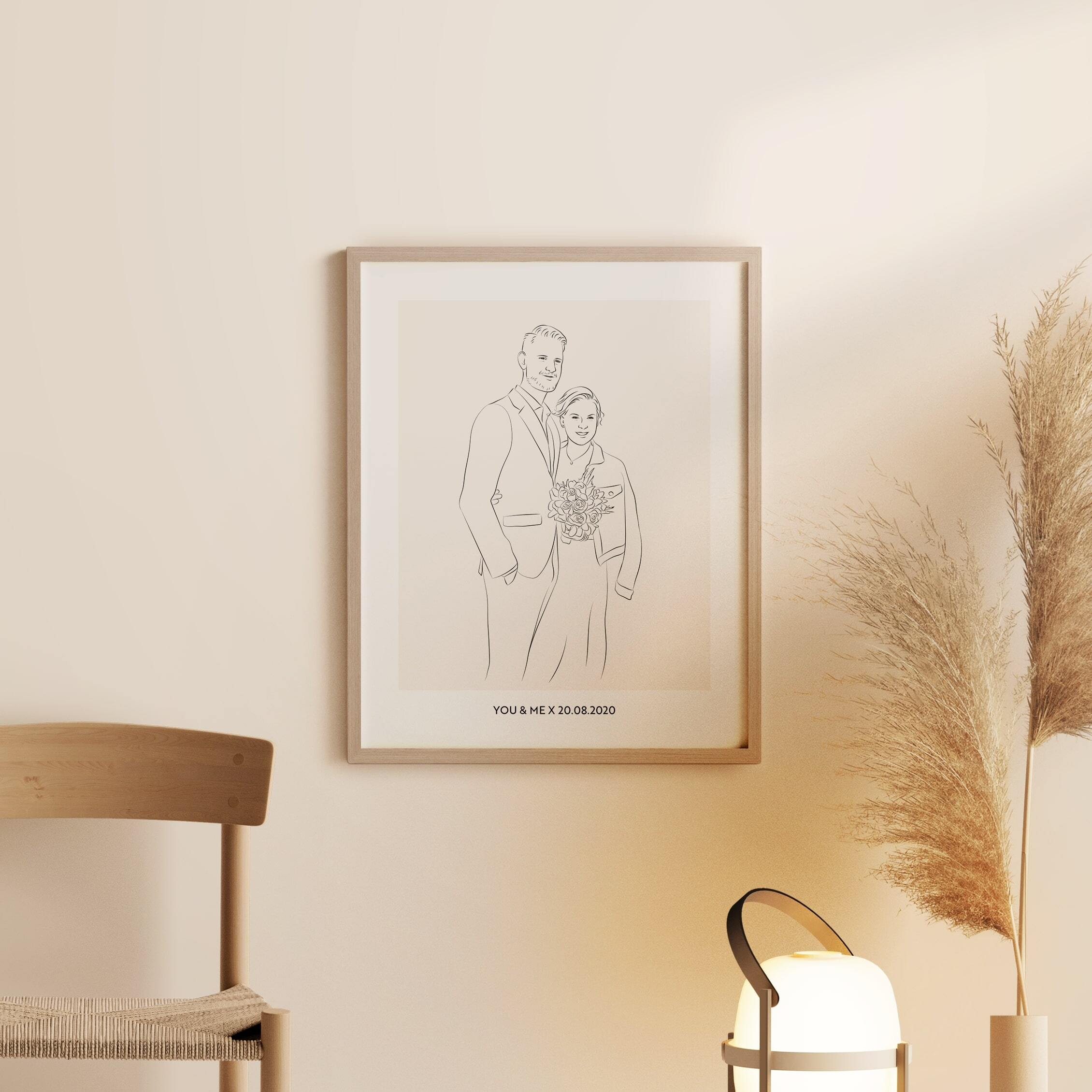 Line Art -kuvitus hääparista kukkakimpun ja hääpäivämäärän kanssa