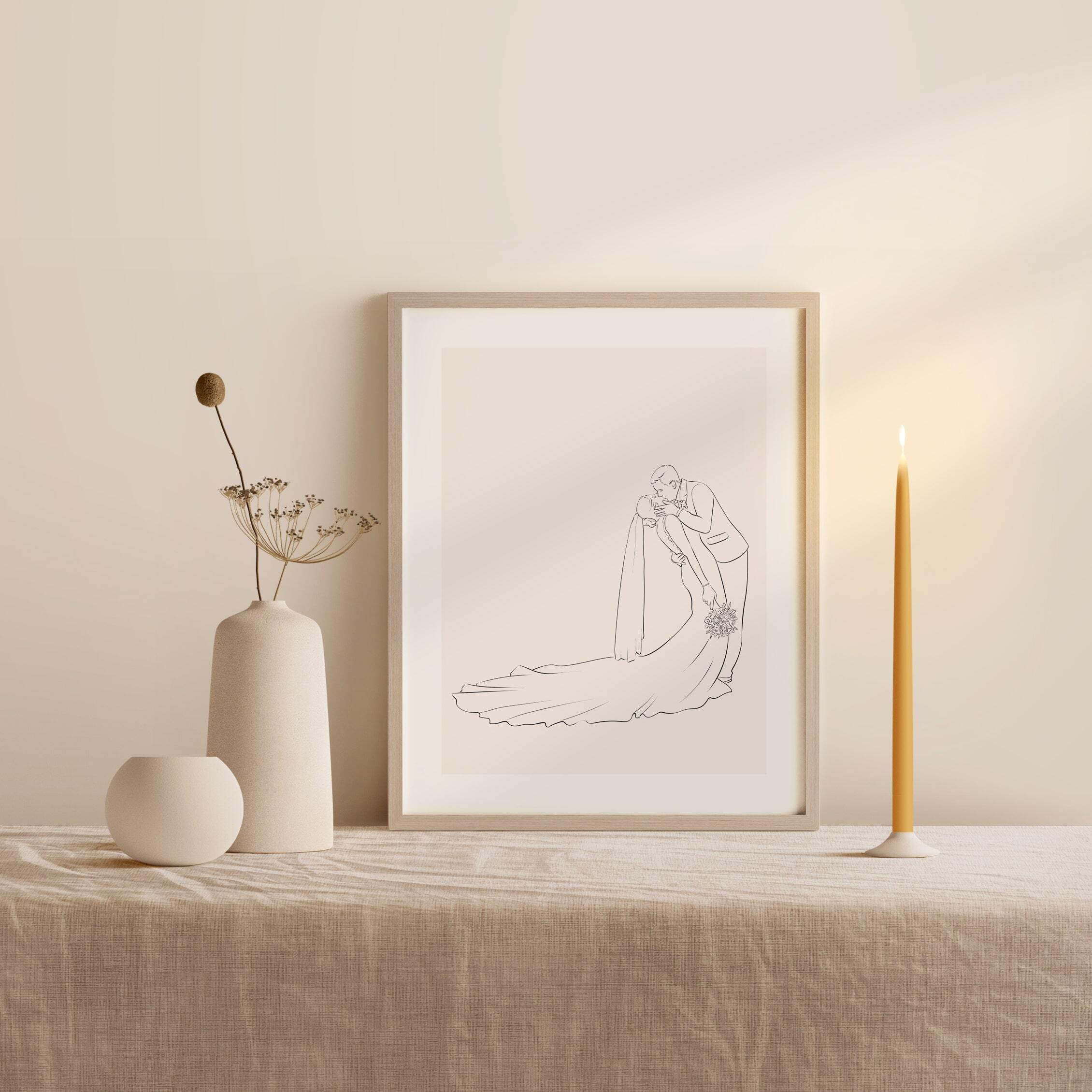 Hääkuva suutelevasta parista sivuprofiilissa Line Art -tyylillä