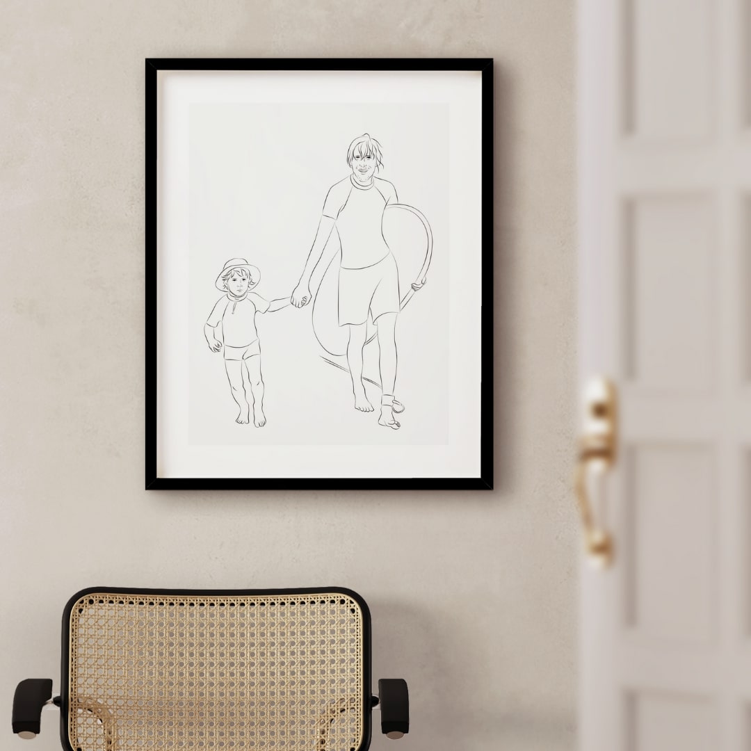 Poika ja isä surffaamassa, kuvattu Line Art -tyylillä