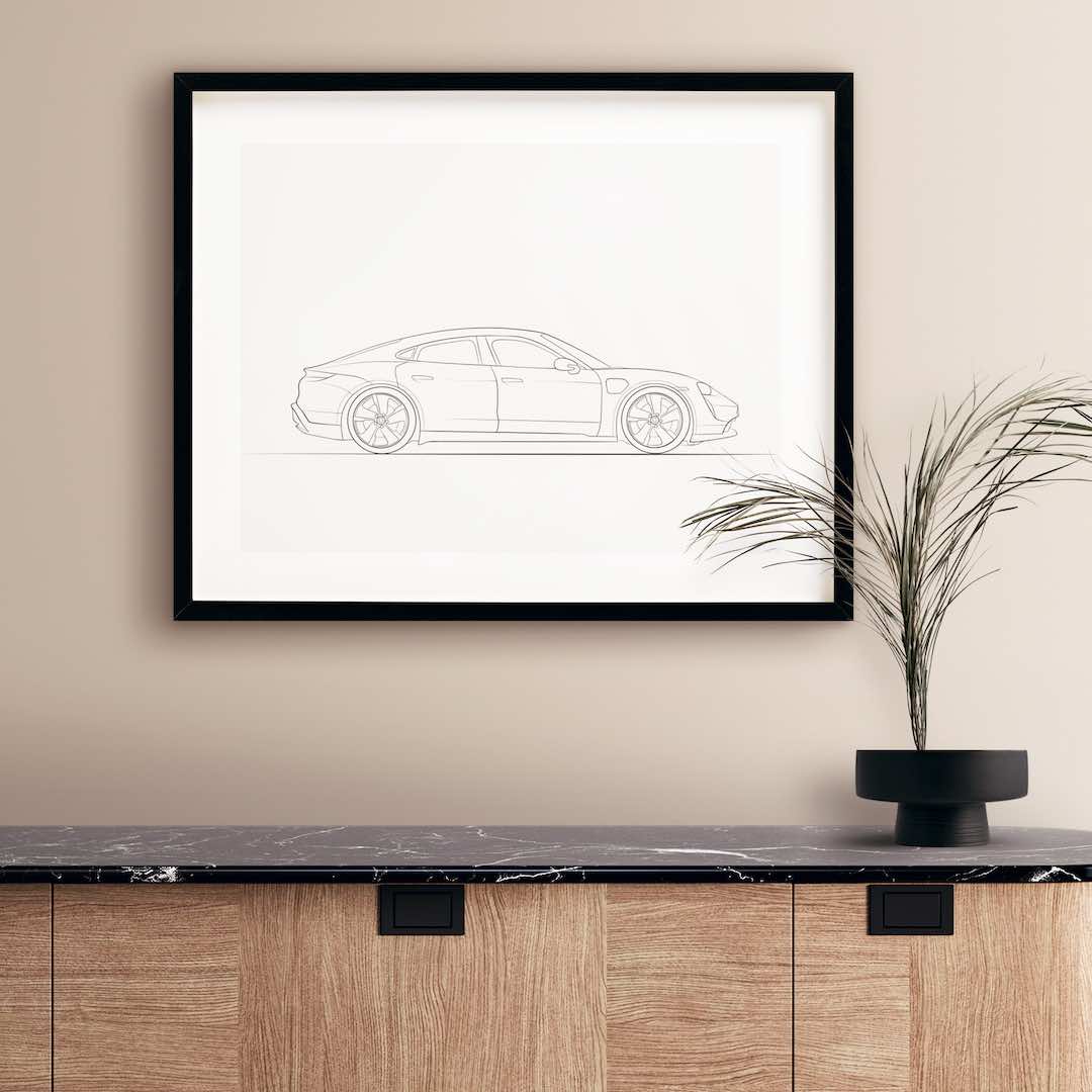 Line Art -piirros Porsche Taycanista sivulta